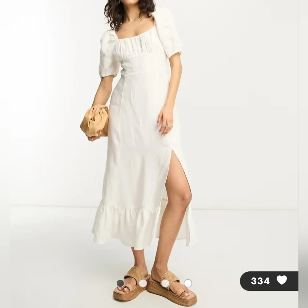 &OtherStories Exclusive 100 Linen Midi Dress Split Puff Sleeve Off White Sz6 - Picture 1 of 16